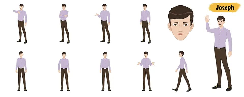 Businessman animated vector cartoon character model sheet AKA Joseph