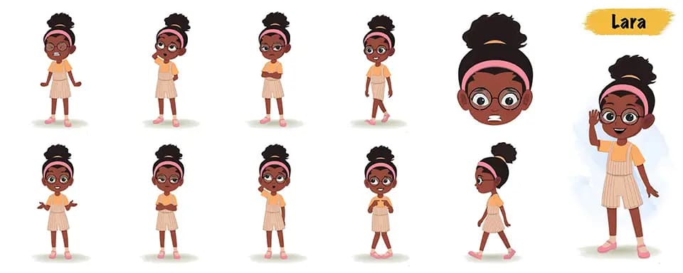 Cute black girl animated vector cartoon character model sheet AKA Lara