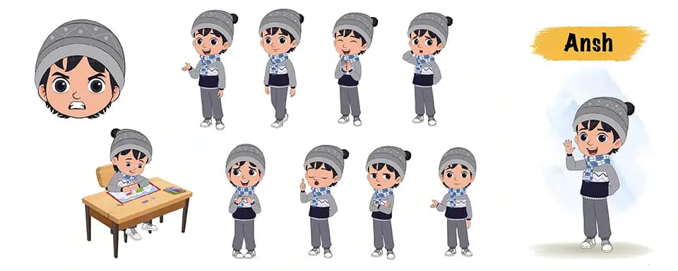 Little boy in winter clothes animated vector cartoon character model sheet AKA Ansh