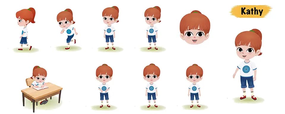Cute little girl animated vector cartoon character model sheet AKA kathy