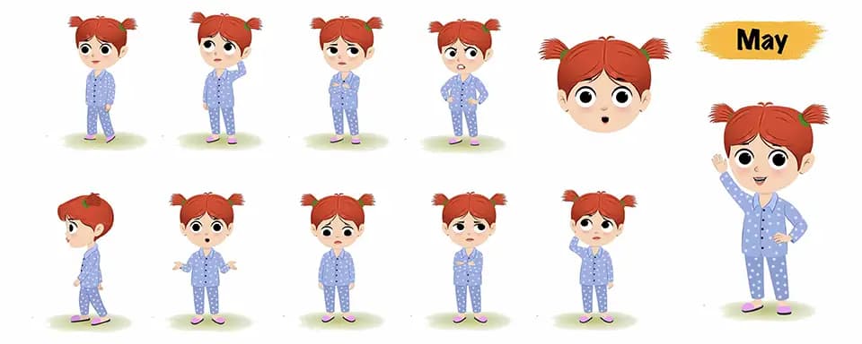 Girl animated vector cartoon character model sheet AKA May