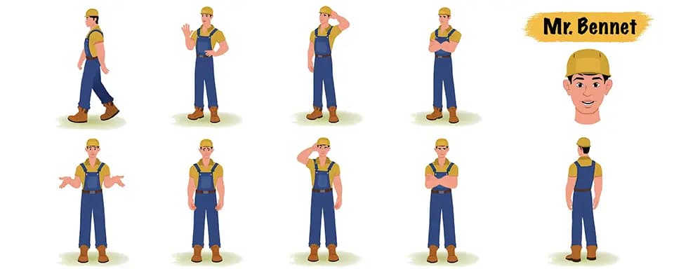 Handyman animated vector cartoon character model sheet AKA Mr Bennet