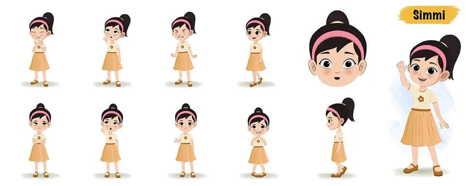 Cute girl animated vector cartoon character model sheet AKA Simmi