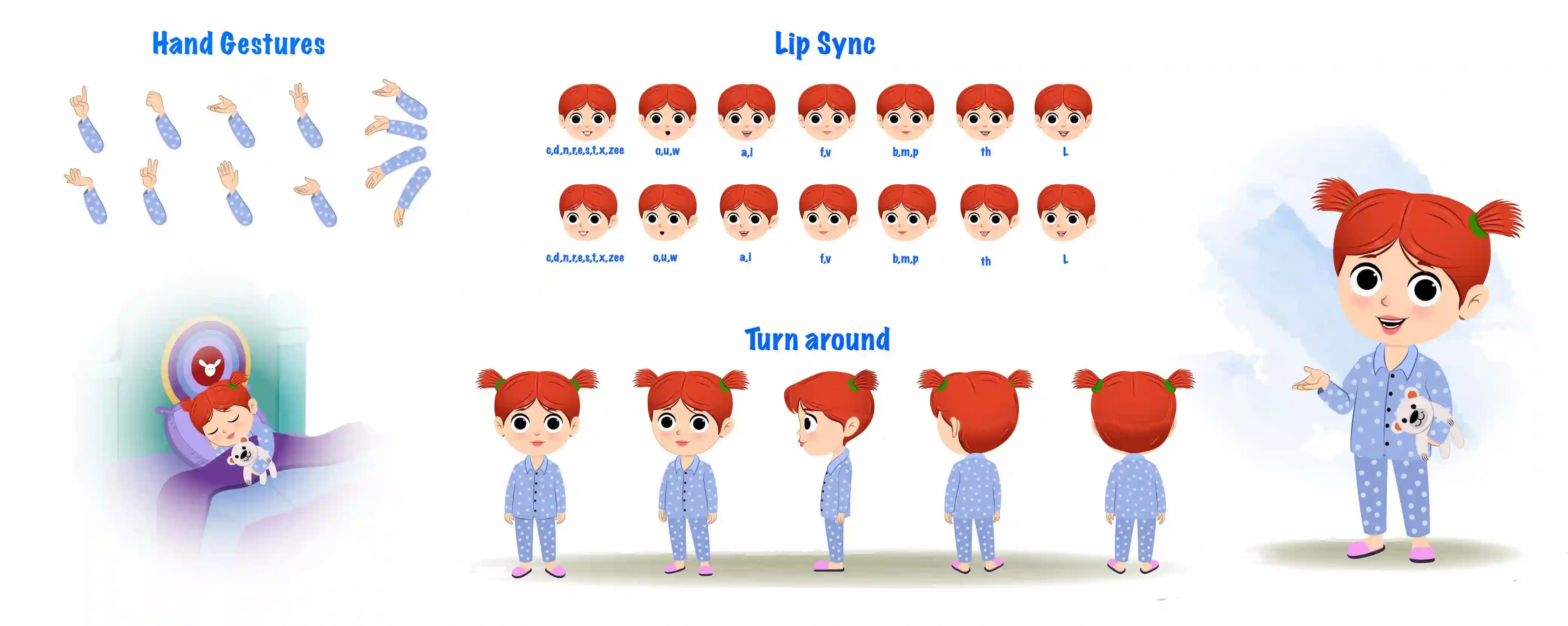 A girl cartoon character construction/model sheet aka may