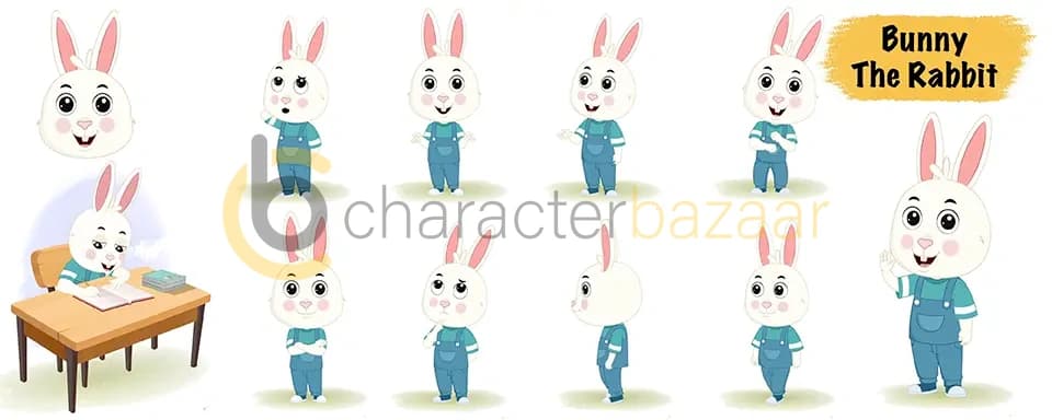 Cute white rabbit animated vector cartoon character model sheet AKA Bunny The Rabbit