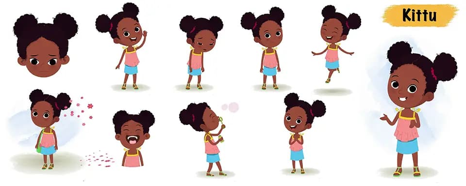Cute black girl animated vector cartoon character model sheet AKA Kittu