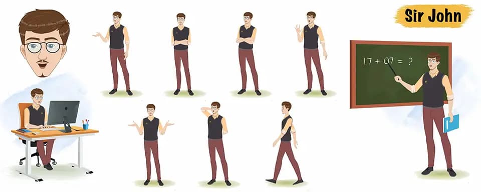 Male teacher animated vector cartoon character model sheet AKA Mr John