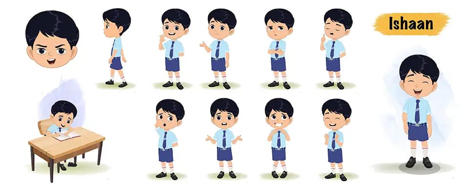 Little Indian boy animated vector cartoon character model sheet AKA Ishaan