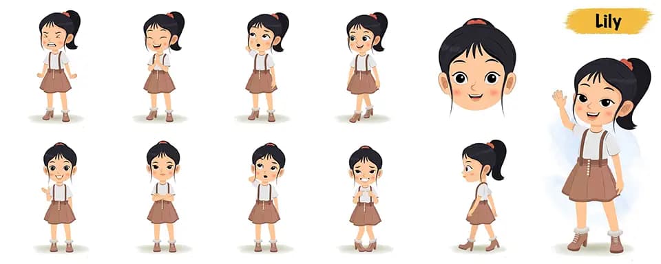 Girl animated vector cartoon character model sheet AKA Lily