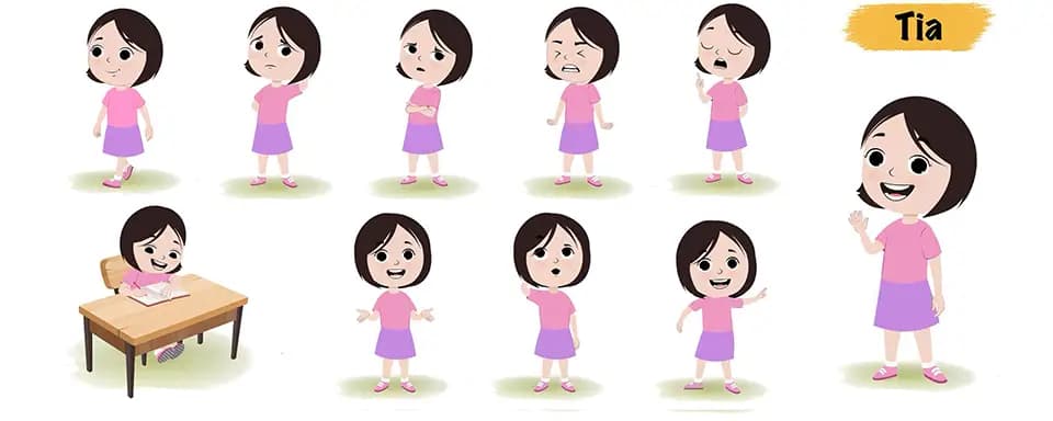 Cute little girl animated vector cartoon character model sheet AKA Tia