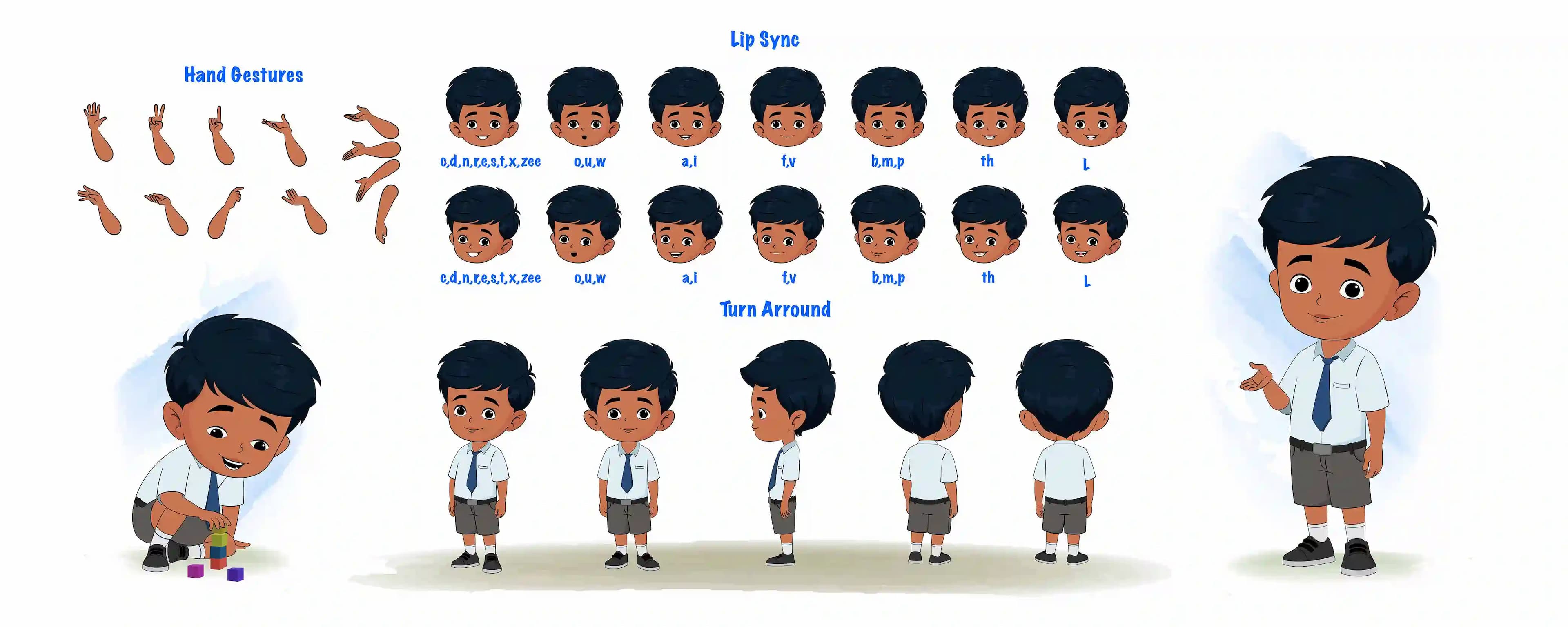 An Indian school boy cartoon character construction/model sheet aka arun