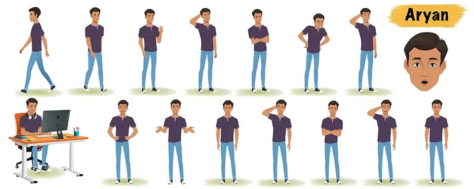 Man animated vector cartoon character model sheet AKA Aryan