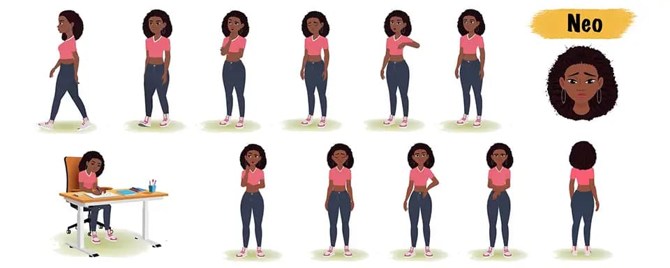Beautiful black female animated vector cartoon character model sheet AKA Neo