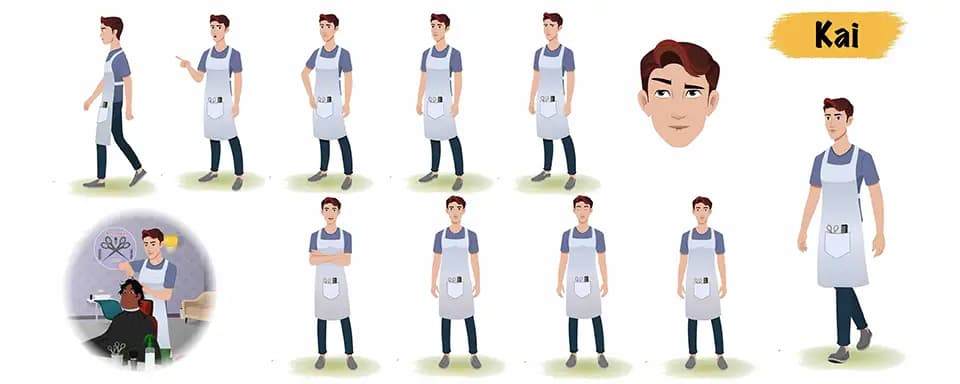 Barber animated vector cartoon character model sheet AKA Kai