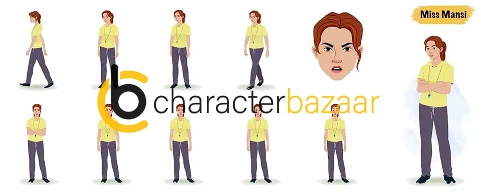 Female physical education teacher animated vector cartoon character model sheet AKA Miss Mansi