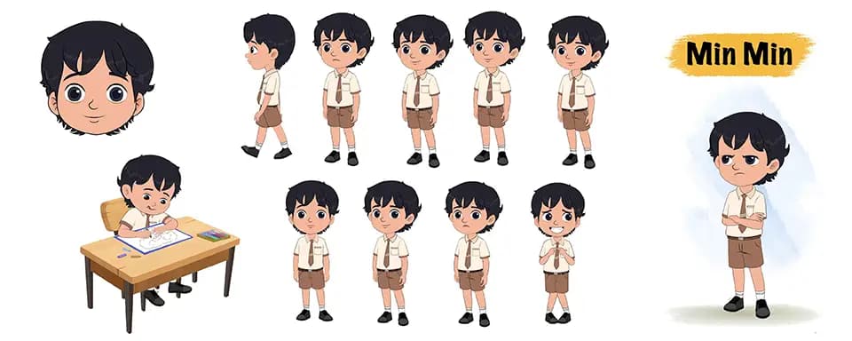 Smart school boy animated vector cartoon character model sheet AKA Min Min