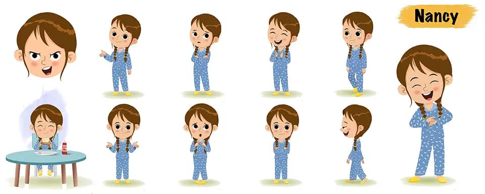 Little cute girl animated vector cartoon character model sheet AKA Nancy