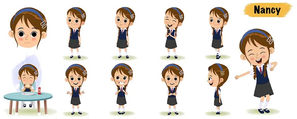 Little school girl animated vector cartoon character model sheet AKA Nancy