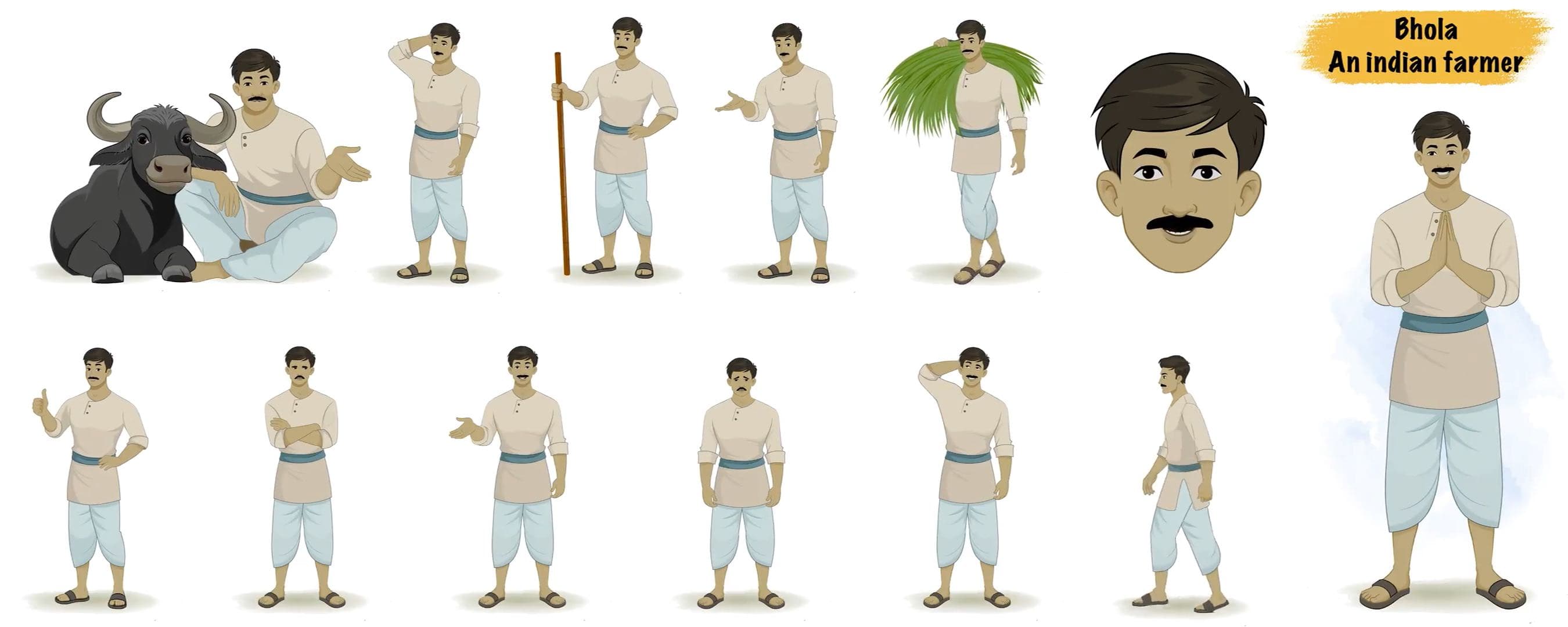 An Indian village man animated vector cartoon character model sheet AKA Bhola