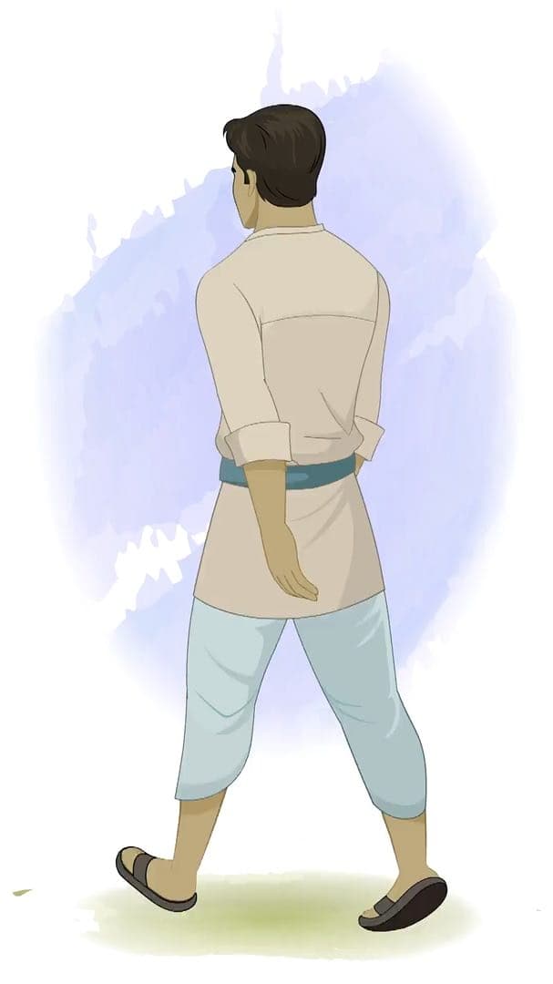 An Indian village man walking in back third view animated vector cartoon character AKA Bhola