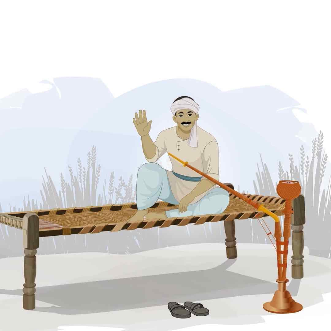 An Indian village man sitting on cot with hookah animated vector cartoon character AKA Bhola