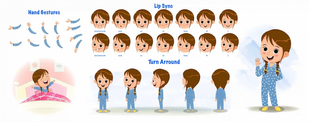A little cute girl cartoon character construction model sheet aka nancy