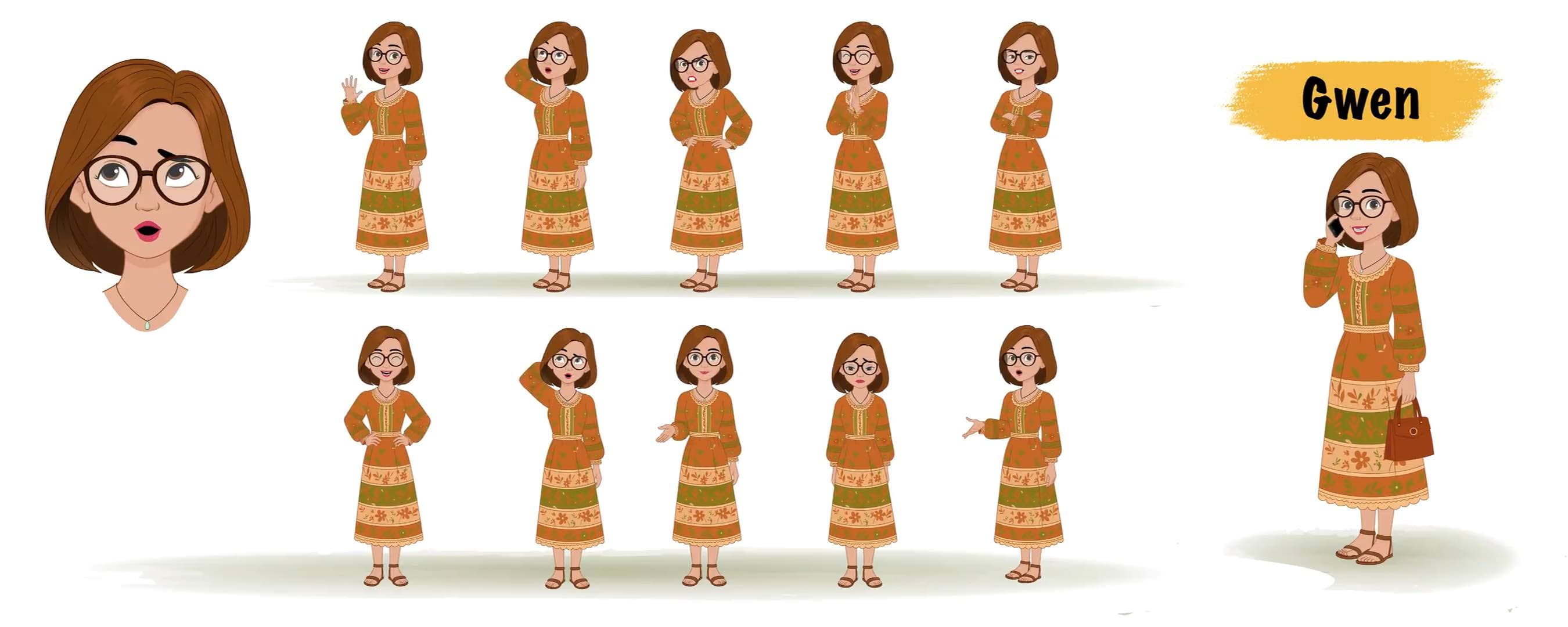 A beautiful woman in floral dress animated cartoon character model sheet AKA Gwen
