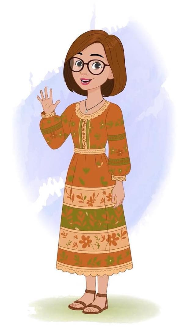 A beautiful woman in floral dress saying hi animated vector cartoon character AKA Gwen