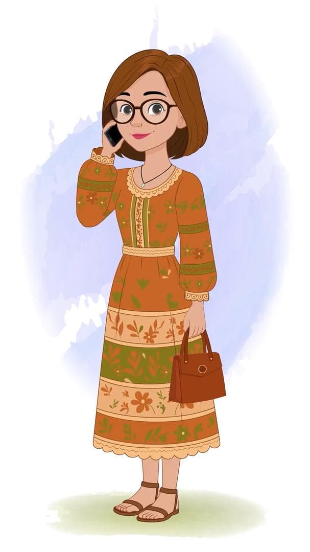 A beautiful woman in floral dress talking on phone animated vector cartoon character AKA Gwen