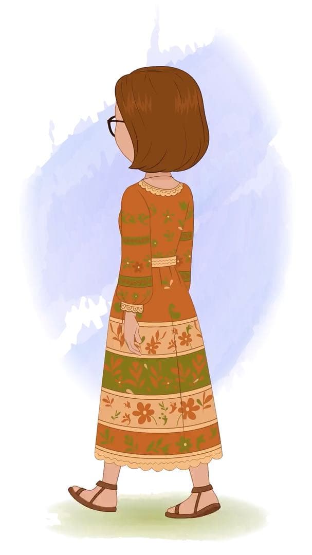 A beautiful woman in floral dress walking in back third view animated vector cartoon character AKA Gwen