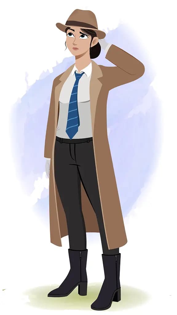 A confused female detective animated cartoon character aka miss elena 3/4