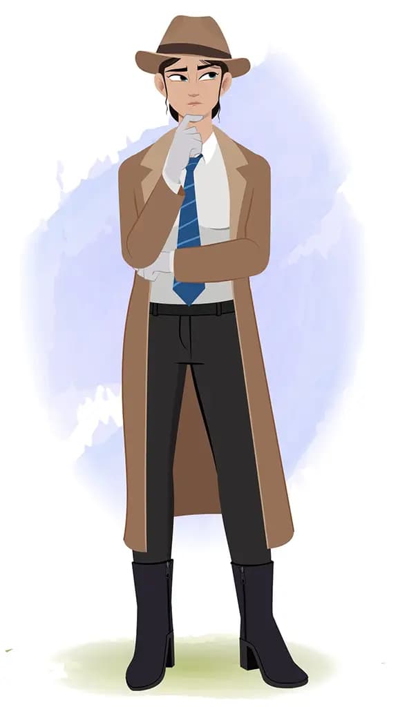 A female detective thinking about case animated cartoon character aka miss elena