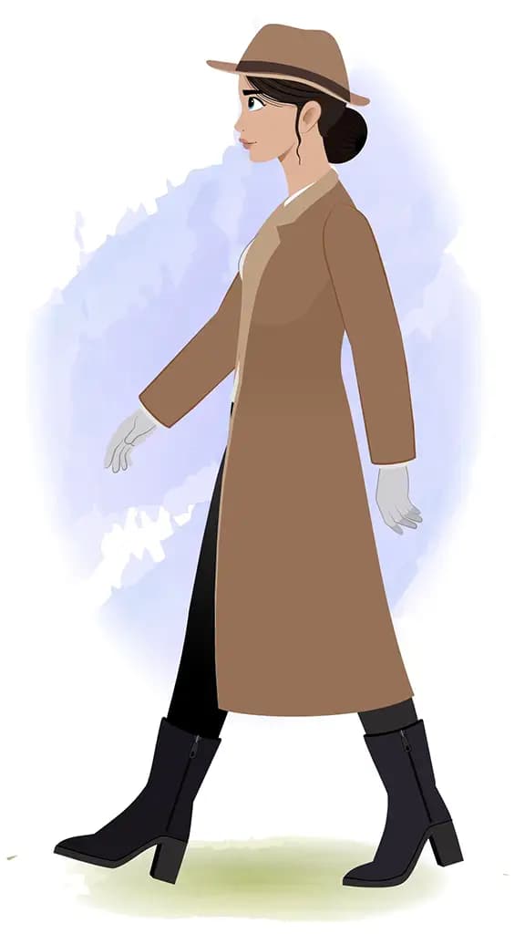 A female detective walking side view animated cartoon character aka miss elena