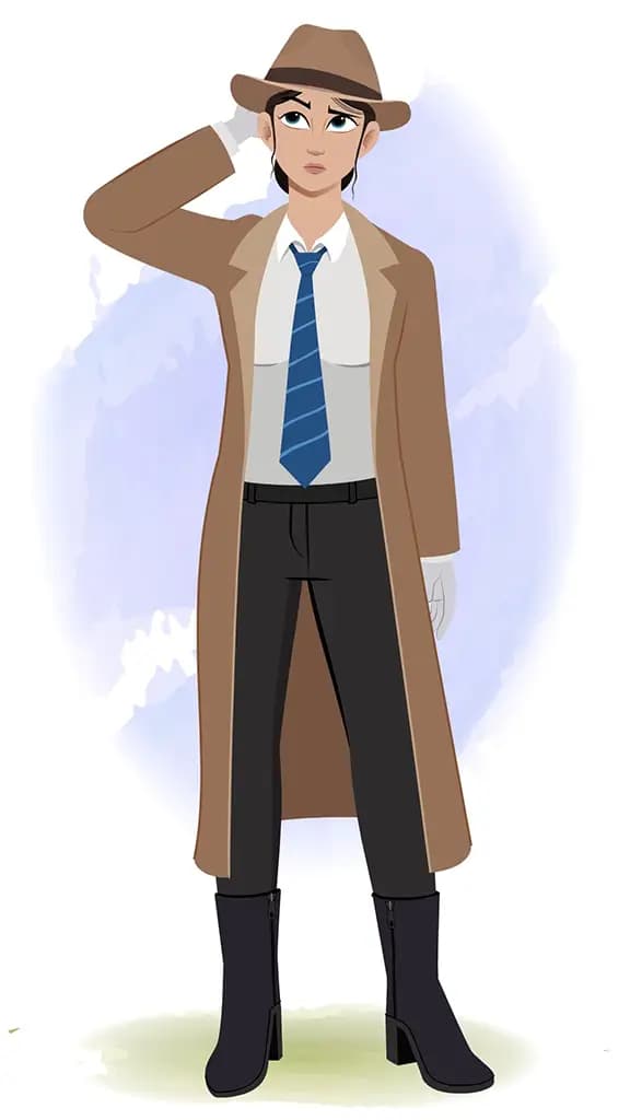 A confused female detective animated cartoon character aka miss elena