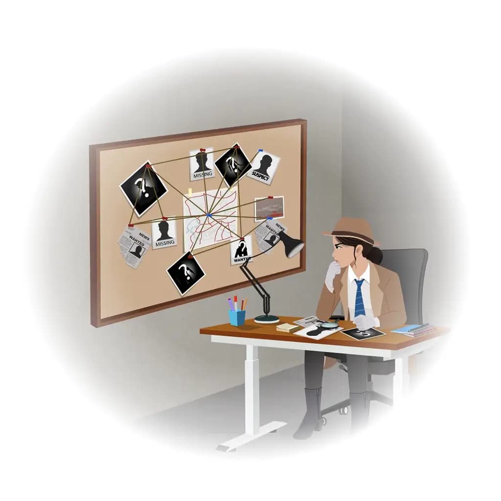 A female detective working at desk in her office animated cartoon character aka miss elena