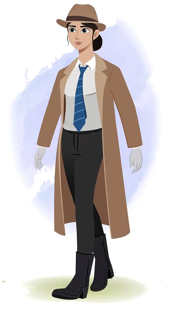 A female detective 3/4 front view/three quarter view walking animated cartoon character aka miss elena 3/4