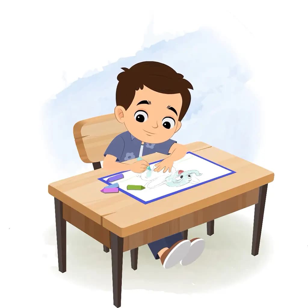 A smart boy is sitting at a table with some crayons and colouring on the paper aka bittu