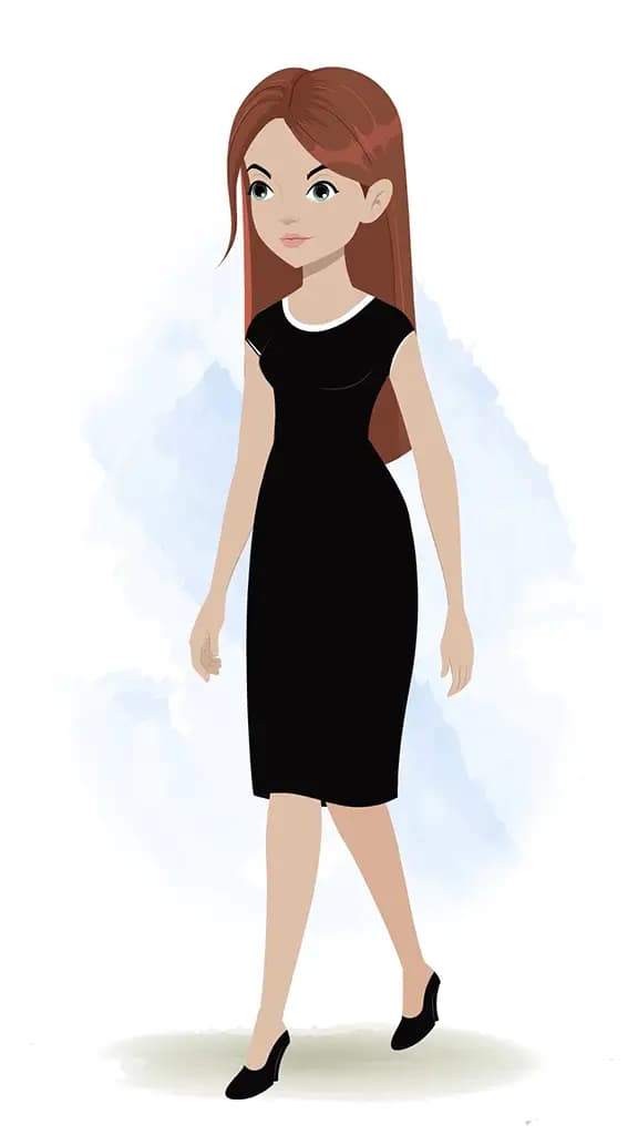 A business woman 3/4 front view/three quarter view walking animated cartoon character aka eliana