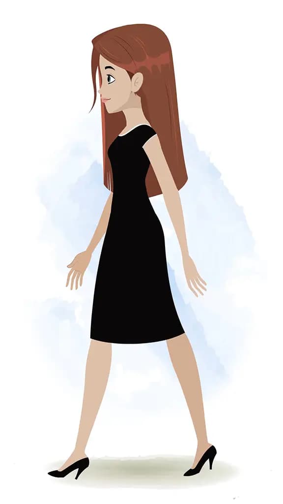 A business woman walking side view animated cartoon character aka eliana