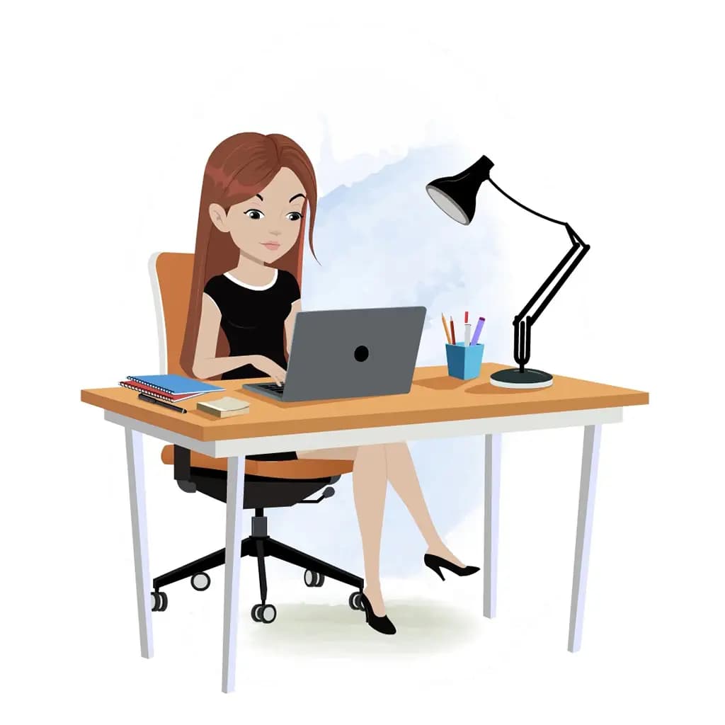 A business woman animated cartoon character working on a computer aka eliana
