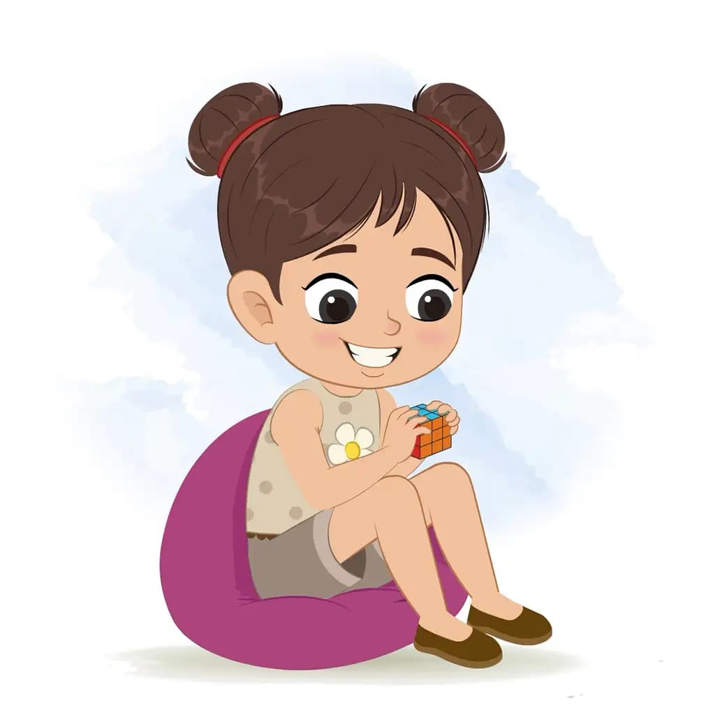 A little girl playing with rubik cube animated cartoon character aka anna