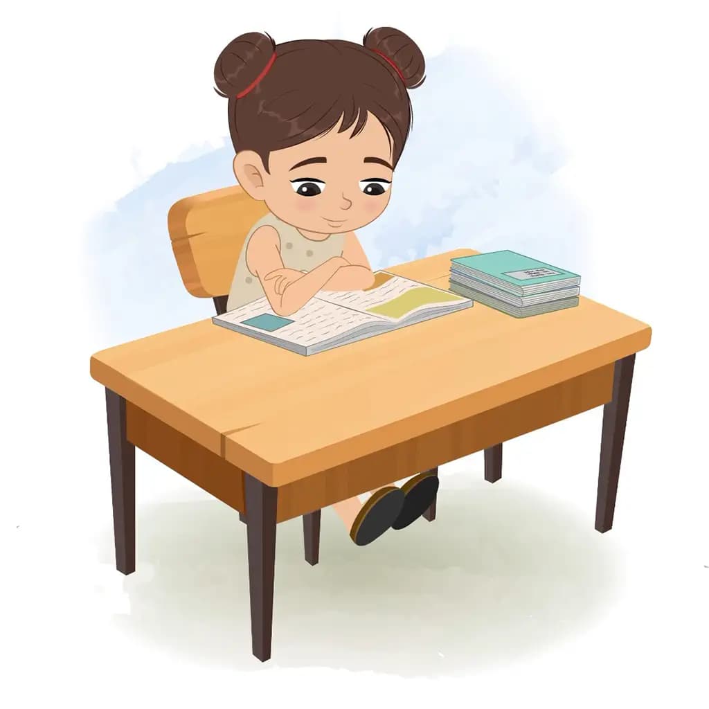 A little girl reading a book and sitting on the table animated cartoon character aka anna