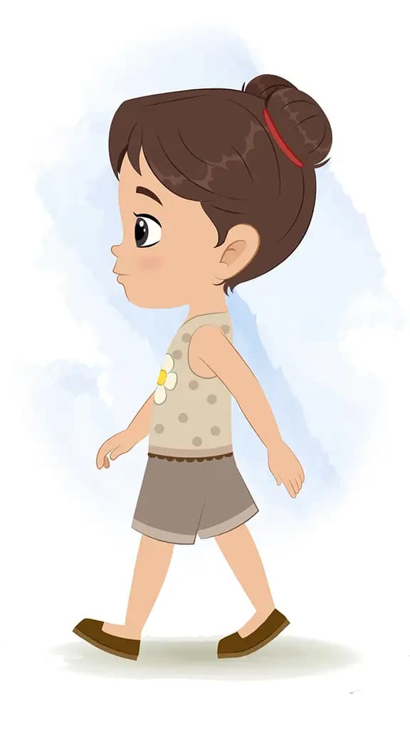 A little girl walking side view animated cartoon character aka anna