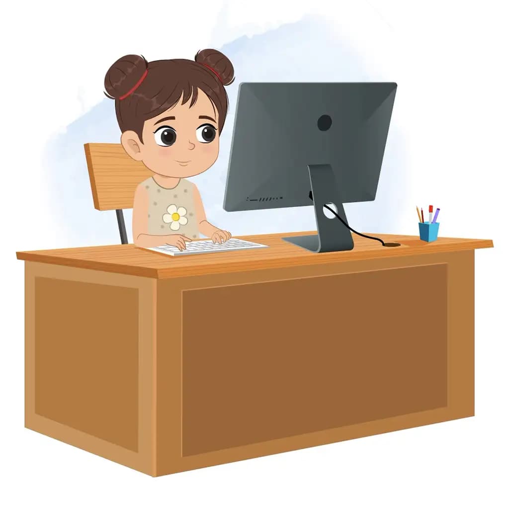 A little girl animated cartoon character working on a computer aka anna