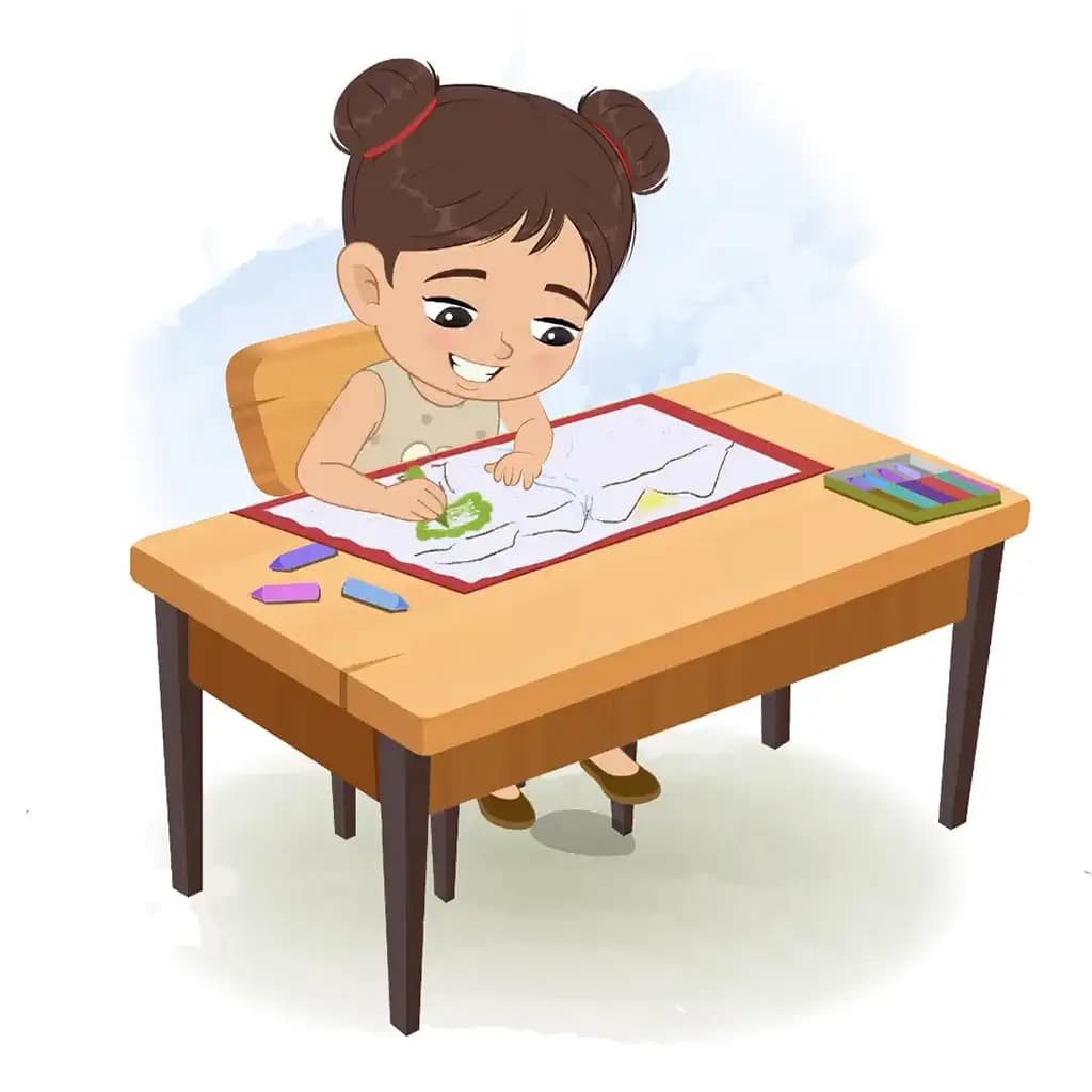 A little girl is sitting at a table with some crayons and coloring on the paper aka anna