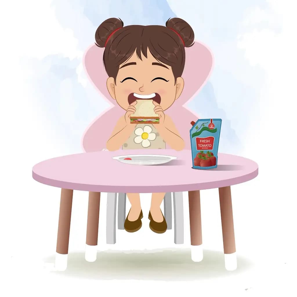A little girl animated cartoon character sitting at a table and eating a sandwich aka anna