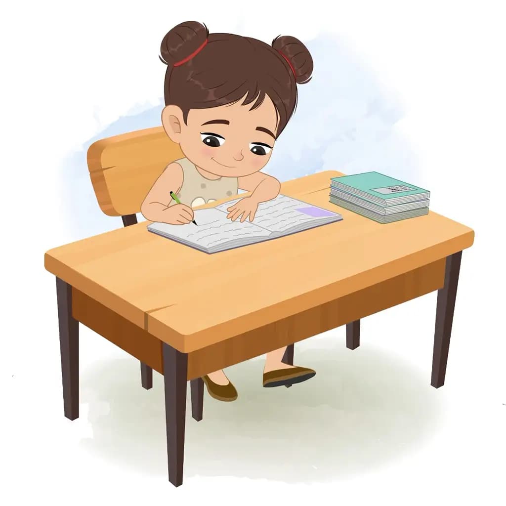 A little girl doing homework and sitting on the table animated cartoon character aka anna