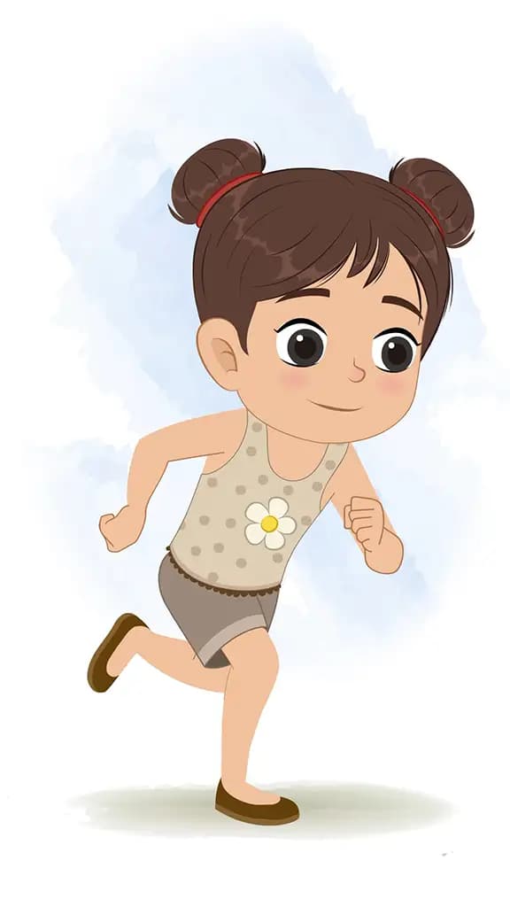A little girl running three quarter view animated cartoon character aka anna