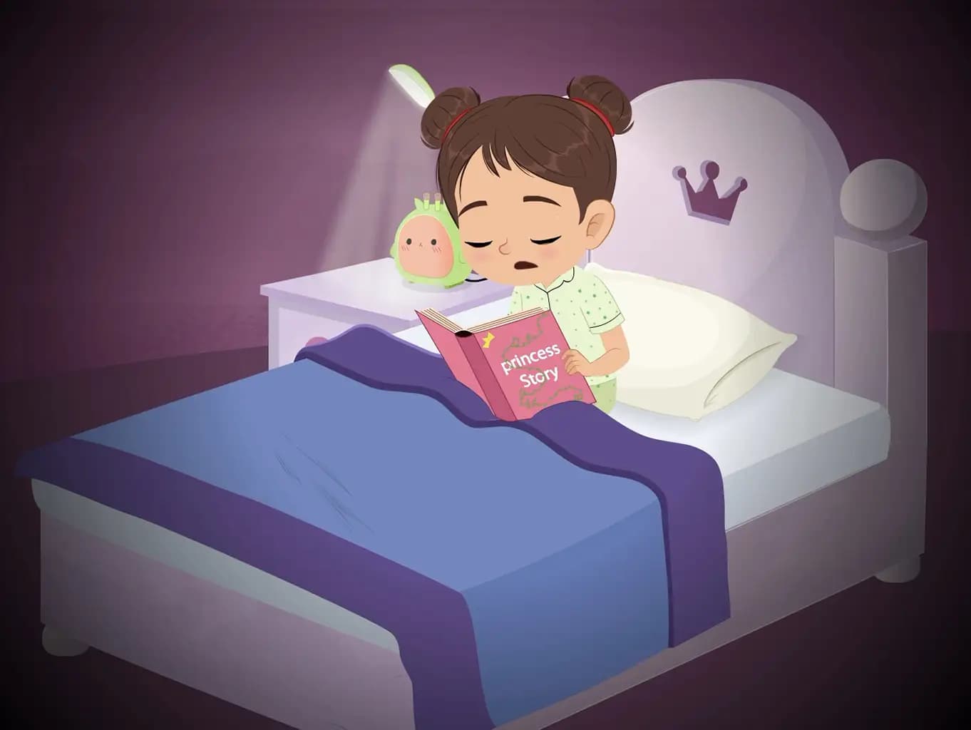 A girl reading a book on bed before sleep time animated cartoon character aka anna