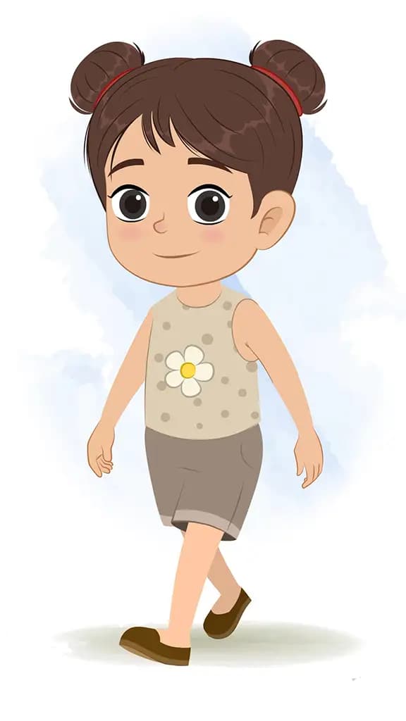 A little girl 3/4 front view/three quarter view walking animated cartoon character aka anna 3/4